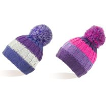 Ladies stripe Knitted Bobble Hat Asstd Colours 